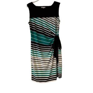 New York & Company Green/Black/White Striped Faux Wrap Dress with Tie - Large